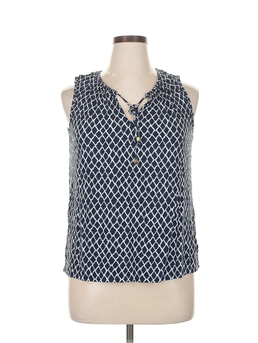 Micheal Kors Sleeveless Navy Geometric Tie-Neck Top